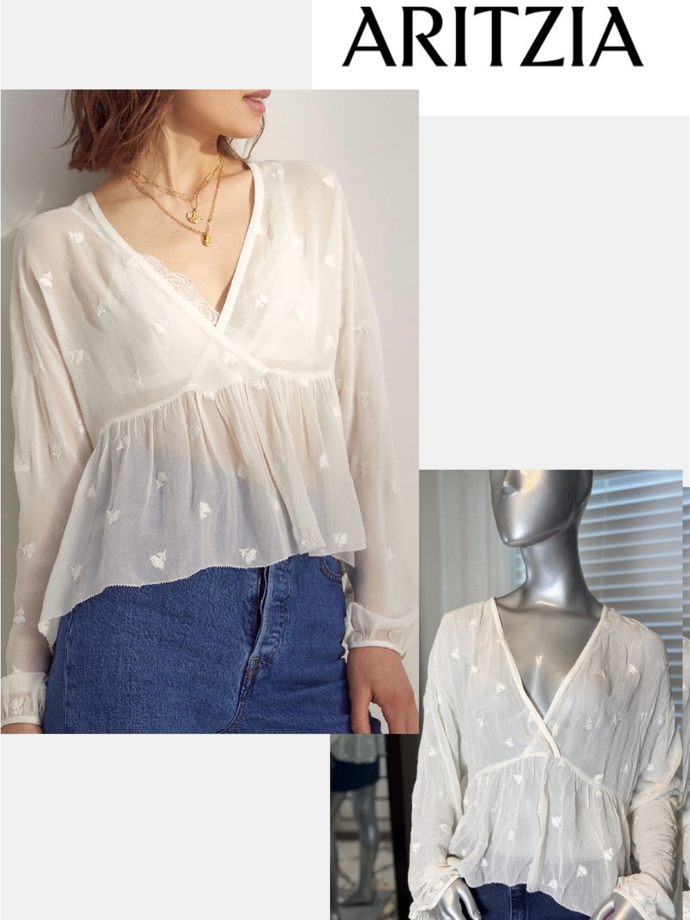Aritzia Wilfred Embroidered Peplum Blouse Large NWT Ivory Chiffon Boho Romantic
